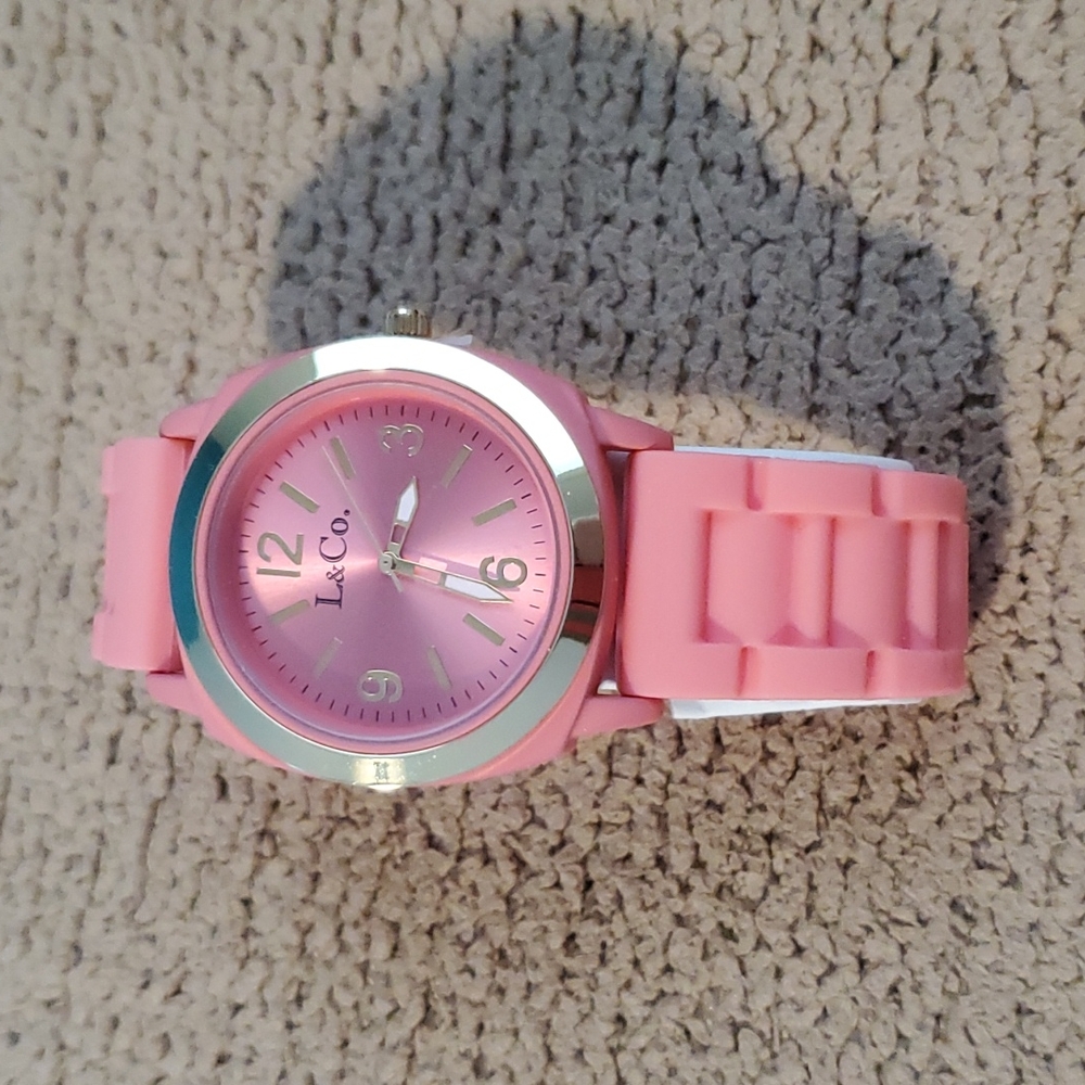 L&Co Ladies Watch Coral Silicone Band Silver Accents Adjustable